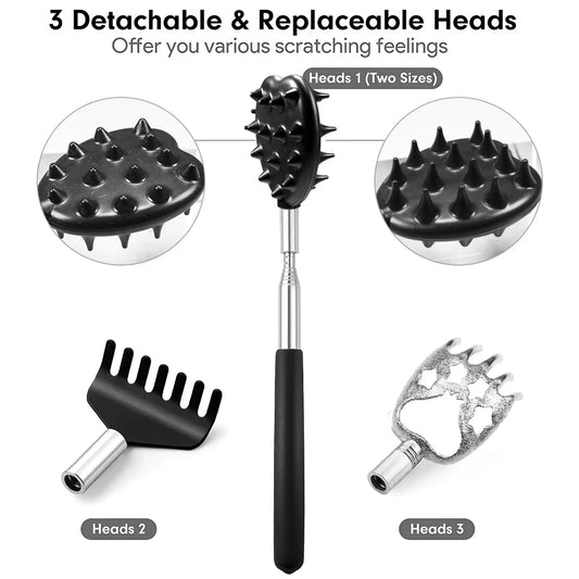 Telescoping Back Scratcher with 3 Pcs Detachable Scratching Heads, Back Scratcher, Dual Sides Scratcher/Bear Claw/Rake Scratcher